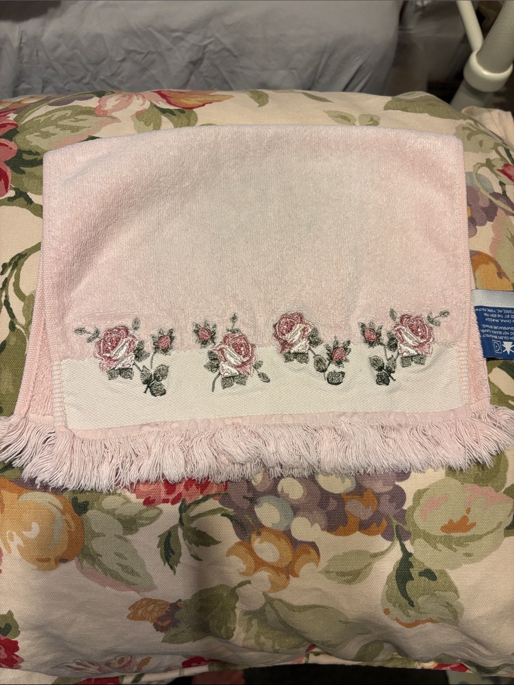 Vintage Blush Pink Floral Embroidered Fringe Hand Towel